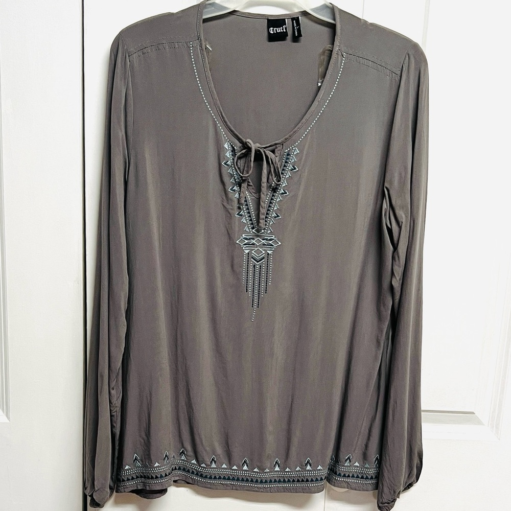 Cruel Girl Gray Embroidered Tie-Neck Blouse Size L